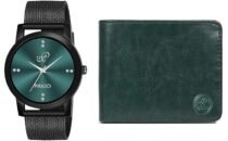 PIRASO Green Dial & Silicone Strap Watch & Green Leather Wallet Combo for Men
