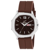 PIRASO Day & Date Brown Square Dial & Brown Silicone Strap Watch For Men-PS3029 SILVER BROWN SILICONE STRAP