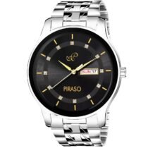 PIRASO ANALOG DAY & DATE BLACK DIAL & SILVER CHAIN WATCH FOR MEN-D&D C22 SILVER BLACK