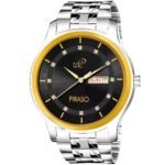 PIRASO ANALOG DAY & DATE BLACK DIAL & SILVER CHAIN WATCH FOR MEN-D&D C22 BLACK GOLD