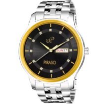 PIRASO ANALOG DAY & DATE BLACK DIAL & SILVER CHAIN WATCH FOR MEN-D&D C22 BLACK GOLD
