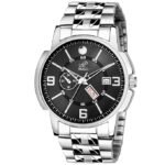 PIRASO DAY & DATE BLACK DIAL & SILVER CHAIN WATCH FOR MEN-D&D C19-34 BK CK